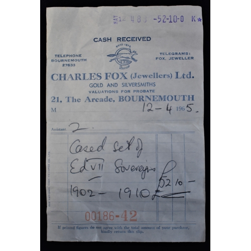 20 - Gold Sovereigns 1902-1910 cased set of King Edward VII, GVF to GEF or better (9) with a receipt date... 