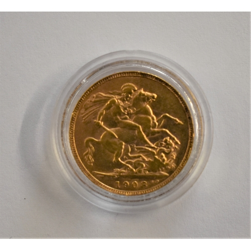 54 - Gold 1908 KEDVII Sovereign, GVF+