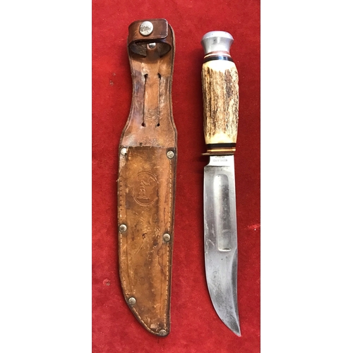 57 - Bowie Knife made by Kienel & Peel, Solingen with Stag handle and matching stamped leather sheath.