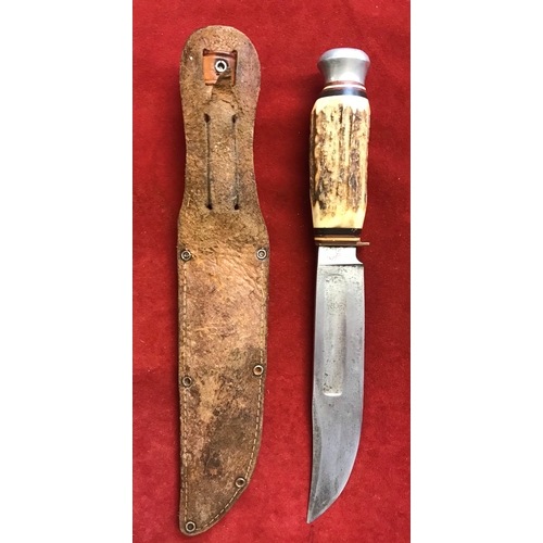 57 - Bowie Knife made by Kienel & Peel, Solingen with Stag handle and matching stamped leather sheath.