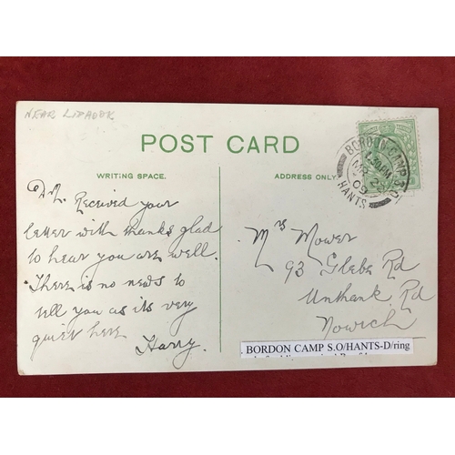 85 - Military Camp Postcard - 1909 Bordon Camp S.O./Hants fine cancel, double ring