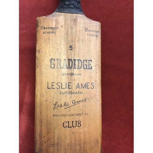 195 - Cricket bat, S5 Leslie Ames autograph club bat signed on shoulder C D Jardine 28/7/53 plus MCC and W... 