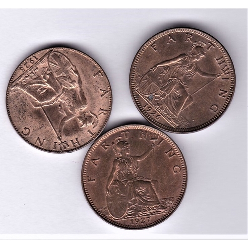 4 - GB farthings 1925, 1926 and 1927, UNC with full lustre (3)