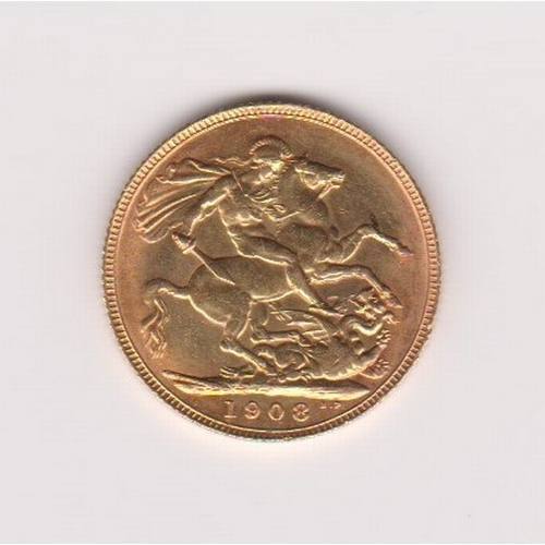 144 - 1908 Gold Sovereign AUNC