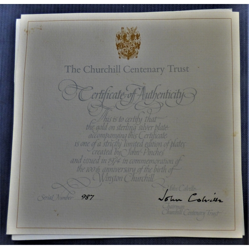 157 - John Pinches Churchill Centenary gold on Sterling Silver plate, with certificate and original box. V... 