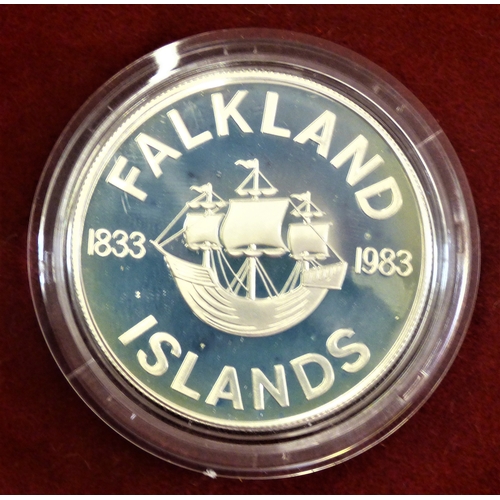 111 - Falkland Islands 1983, silver proof crown, 150th anniversary, Royal Mint case and certificate