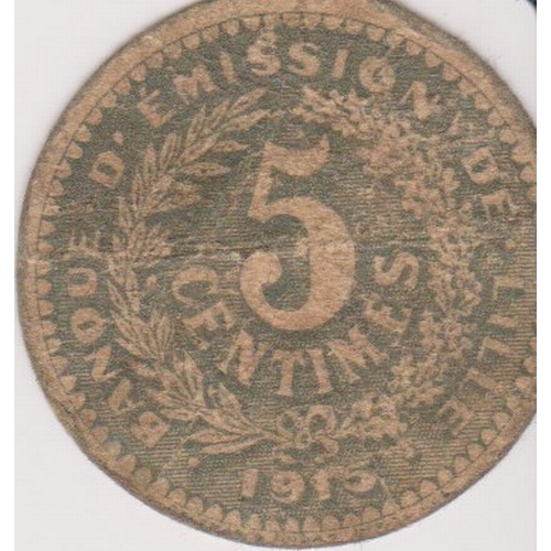 123 - France 1915 Lille 5 cents card coin, AVF, scarce WWI issue