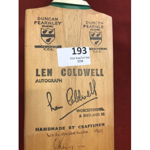 193 - Cricket bat, Duncan Fearnley Len Coldwell autograph bat signed by Worcester, India, Pakistan, Yorksh... 