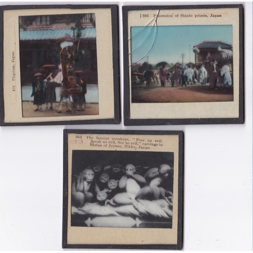 224 - Japanese Magic Lantern Slides (3 in colour and 2 in b/w, 5 total), including: 3 Wise Monkeys - Nykko... 