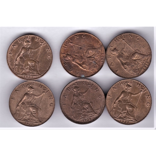 3 - GB farthings 1919, 1921, 1923, 1924, 1925, 1926 (6) all with much lustre.