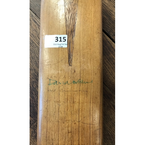 315 - Cricket bat, unidentified bat signed by Lancashire and Yorkshire players, black grip is missing