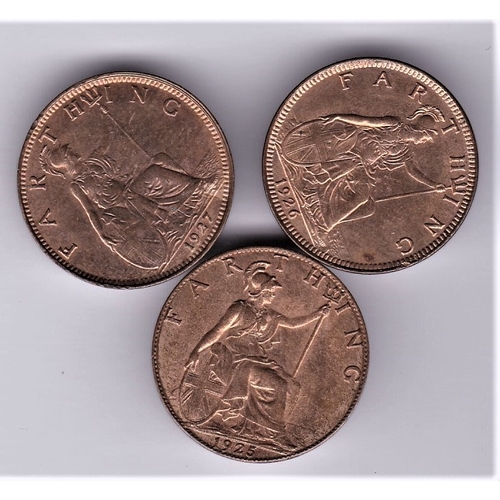 5 - GB farthings 1925, 1926 and 1927, UNC with full lustre (3)