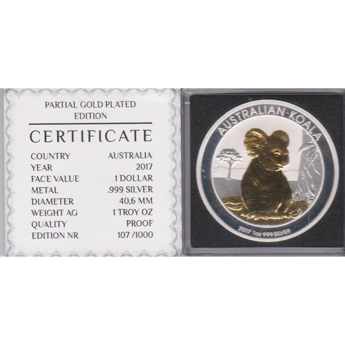 62 - Australia 2017 Silver dollar proof koala gold plated with certificate