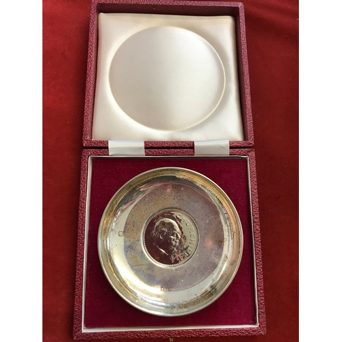 158 - Silver hallmarked ashtray with Churchill crown inset, quality box, 9.4cms, total weight 70gms