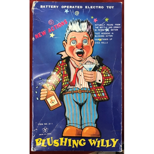 701 - Blushing Willy: A boxed, battery operated, tin Blushing Willy made by Yonezawa, Japan. Complete in b... 