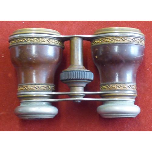 759 - Victorian binoculars or opera glasses with original brown leather case with metal clasp. Leather cas... 