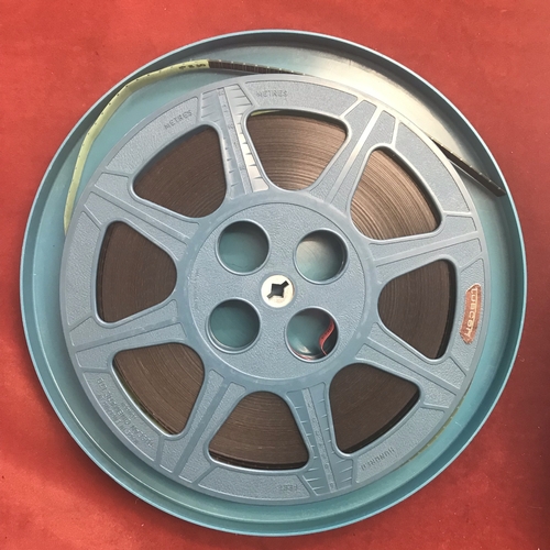 790 - Secrets of the Underworld 1990s documentary 16mm Film Reel in blue plastic reel container.