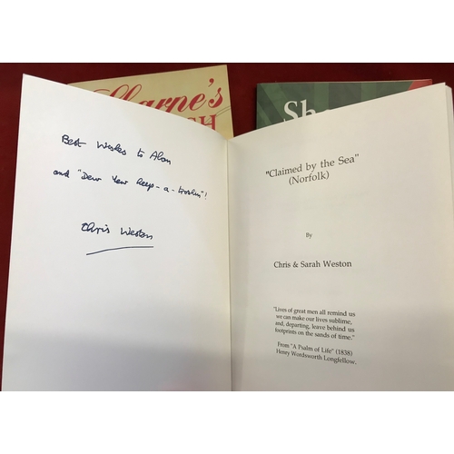 167 - Claimed by the Sea Norfolk signed by the Author Chris Weston 1994 and two books by Bernard Cornwell'... 