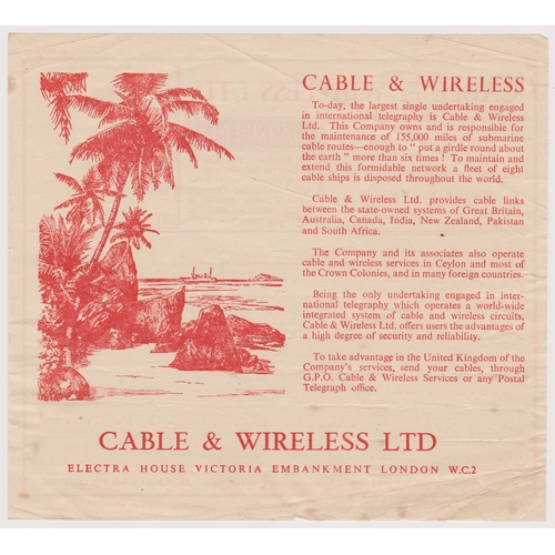 49 - 1951 Festival of Britain Cable & Wireless Telegram Souvenir Message via Imperial