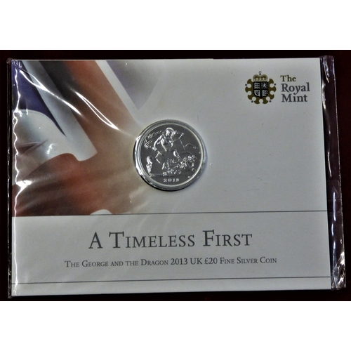 148 - 2013 Royal Mint £20 Fine Silver Coin, The George and the Dragon brilliant uncirculated in mint pack.