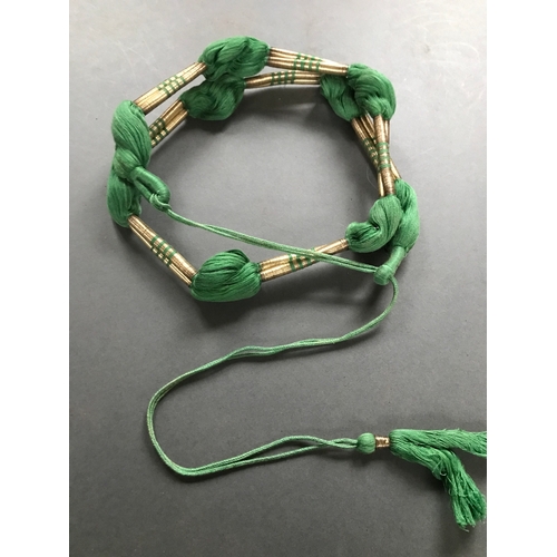 338 - Vintage Arabian aqal igal headband, believed to be 1920s/30s,green silk double cords & gold wire, ad... 