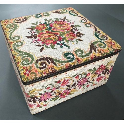 340 - Vintage tapestry needlepoint sewing box, looks unused, very good condition. Padded satin lining. 'Ha... 