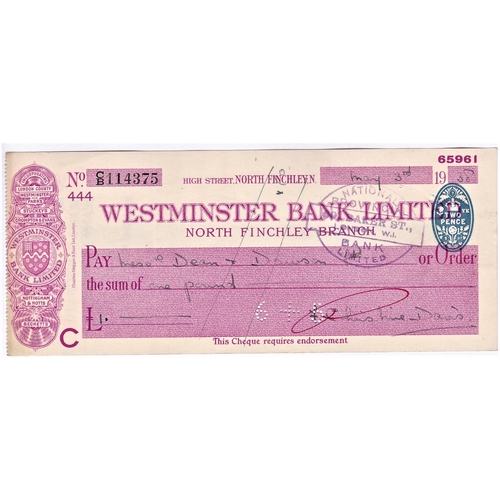 103 - Westminster Bank Limited North Finchley Branch 1928 used cheque. Blue Oval 2d, Address High Street N... 
