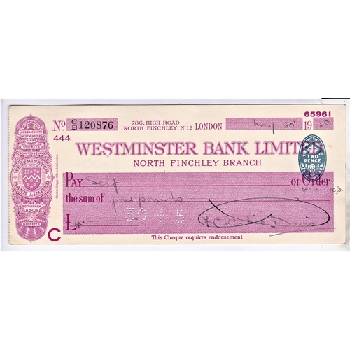 104 - Westminster Bank Limited North Finchley Branch 1928 used cheque. Blue Oval 2d, Address 780 High Road... 