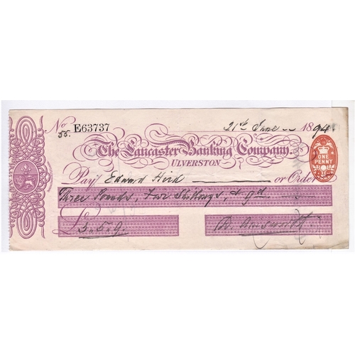 105 - Lancaster Banking Company Ulverston used 1894, purple on cream, red oval 1d
