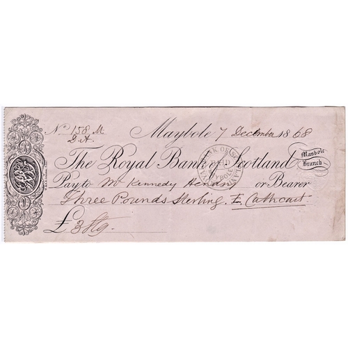 109 - Royal Bank of Scotland Maybole 1868 used bearer, 7 Dec 1868, black on white, Printer W. & A.K. Johns... 