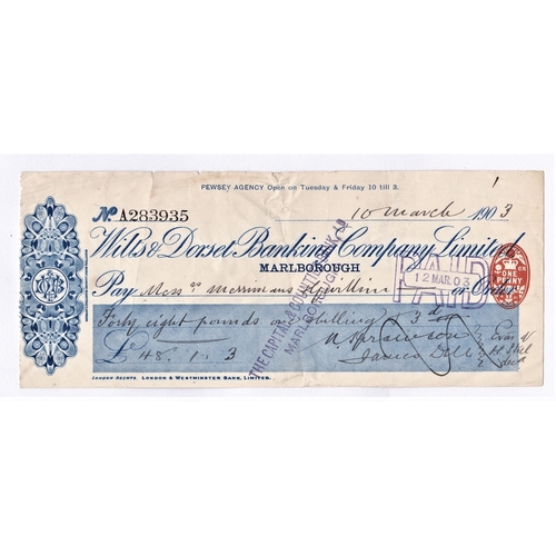 110 - Wilts & Dorset Banking Company Limited, Marlborough, Pewsey Agency, 1903 used RO 10.3.1903, blue on ... 