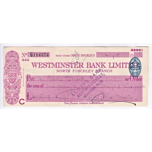 115 - Westminster Bank Limited, North Finchley Branch, BO 7.5.37, used 1938, bearer, Incorporated Banks vi... 