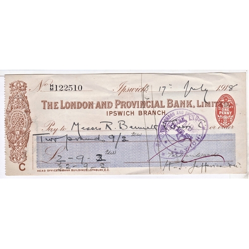 116 - London and Provincial Bank Limited Ipswich Branch RO 14.8.12, used 1918, bearer, brown on white, blu... 