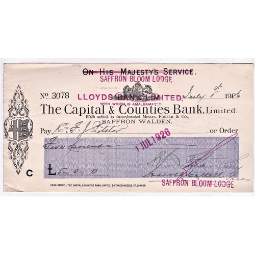 120 - Capital & Counties Bank Limited, 1926 cheque, bearer, On His Majesty's Service deleted by red overpr... 