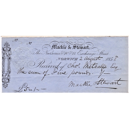 131 - Mackie & Stewart Exchange Street Norwich, 1858 receipt, embossed one penny tax stamp