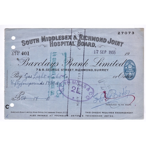 140 - Barclays Bank Limited, Richmond Surrey 1935  used, bearer, 2d, South Middlesex & Richmond Joint Hosp... 