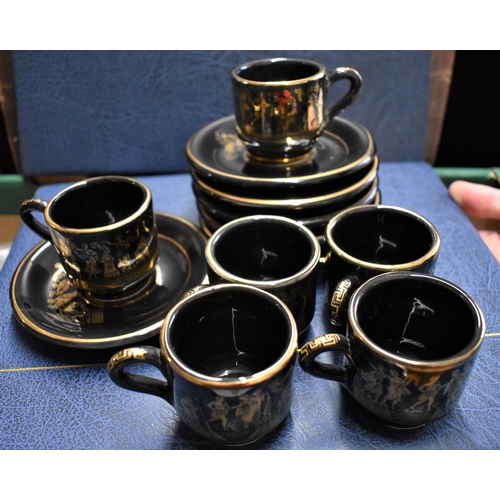 409 - 1960s/70s Greek Black and gold Coffee set of six cups and saucers. A lovely classical design, four b... 