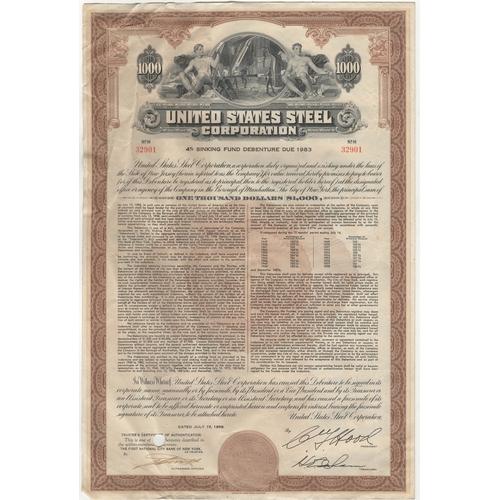 2 - United States Steel Corporation 1000 Dollar 4% Sinking Fund Debenture 1958. Attractive steel foundry... 