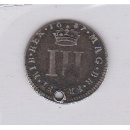 43 - 1687 James II Threepence good fine, holed for suspension
