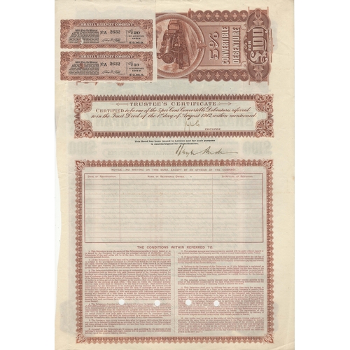 6 - Brazil Railway Company 1912 5% Convertible Debenture for £100 with two coupons, vignette of steam tr... 