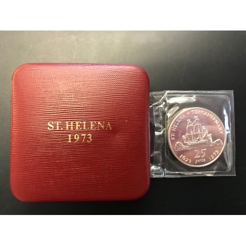76 - Saint Helena 1973 Tercentenary Silver Proof Crown Royal Mint case and certificate