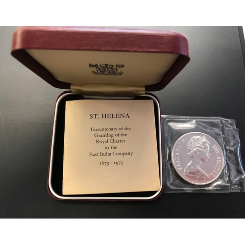 76 - Saint Helena 1973 Tercentenary Silver Proof Crown Royal Mint case and certificate