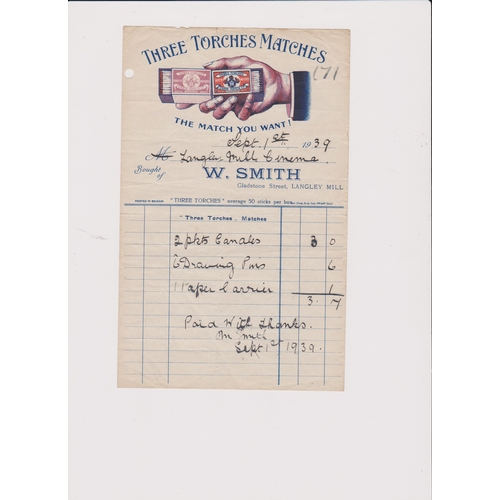 306 - Matchboxes 1939 W.H. Smith, Invoice with colour advertisement 