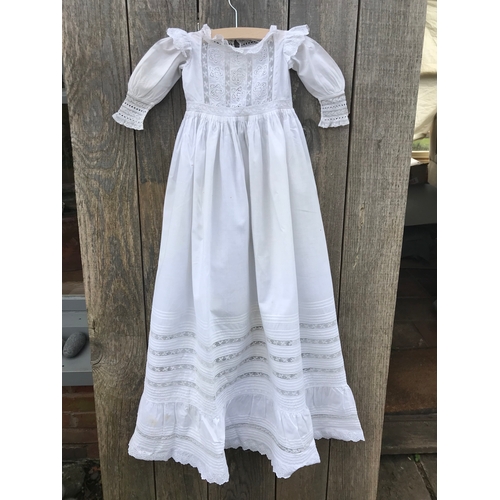 302 - Handsewn Victorian Christening gown, fine cotton with bodice panels of embroidered cutwork and Valen... 