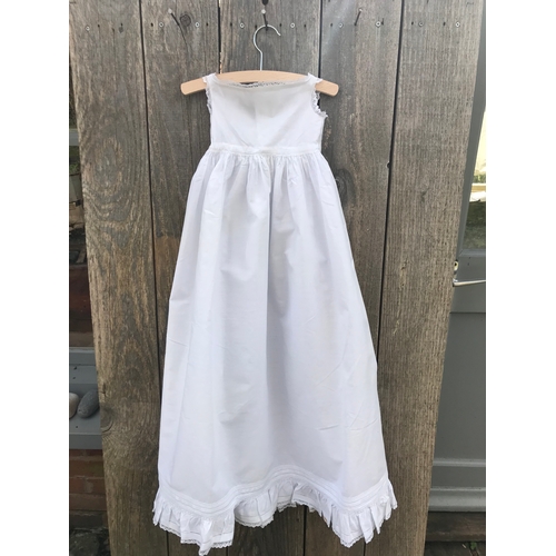 303 - Handsewn Victorian sleeveless Christening dress/petticoat in fine cotton. Pintucks frill hem with fa... 