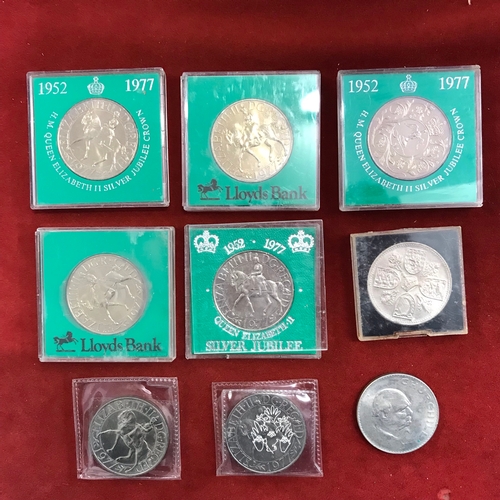 365 - Coins including 7 x QEII 1952 - 1977 Commemorative Coins (5 in Lloyds Bank presentation cases) and a... 