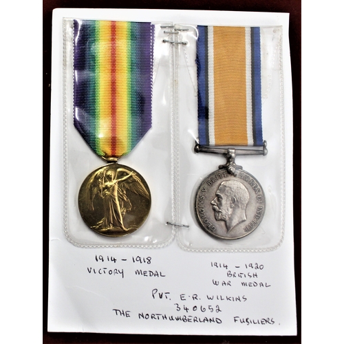 44 - British WWI War Medal Pair to 340652 PTE. E.R. Wilkins., The Northumberland Fusiliers