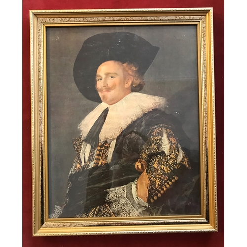 511 - The Laughing Cavalier by Frans Hals painting as a textured print in a gold colour frame, glazed and ... 