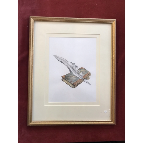 514 - Pencil and watercolour study of a large white feather quill pen lying across an antique book. Initia... 