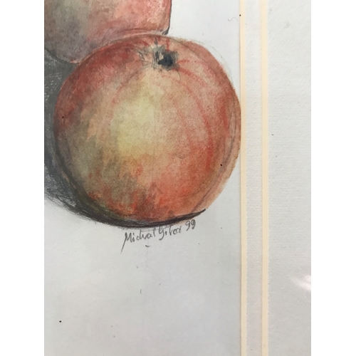 515 - Pencil and watercolour study of an overturned wicker basket and apples.  Framed and glazed. Signed b... 